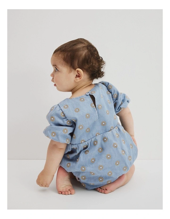 Short Sleeve Chambray Embroidered Romper in Sky Blue Wash image 5