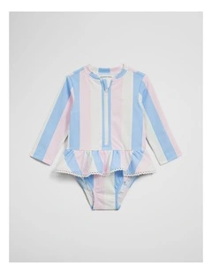 Long Sleeve Frill Swimsuit in Blue Pink Stripe