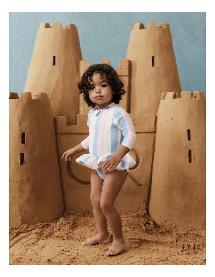 Long Sleeve Frill Swimsuit in Blue Pink Stripe image 2