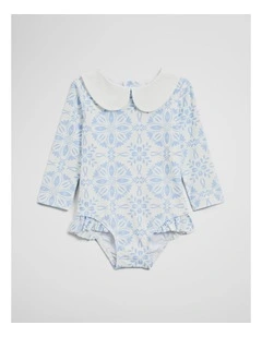 Long Sleeve Spot One Piece Swimsuit in Ice Blue Print