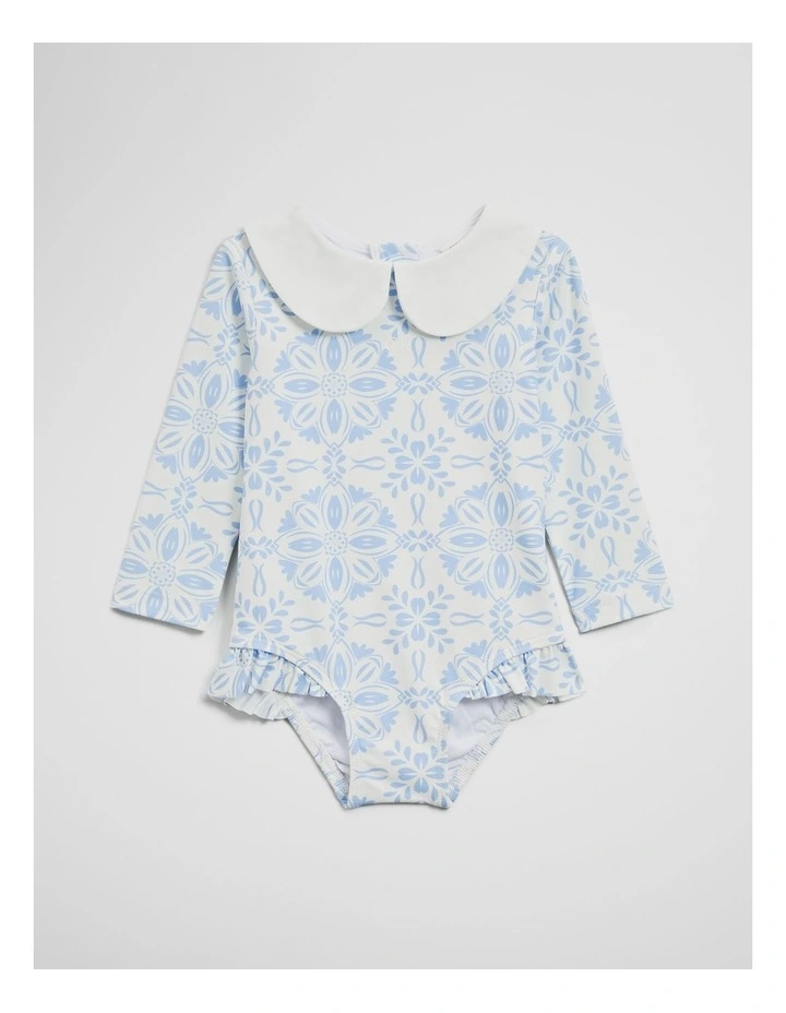 Long Sleeve Spot One Piece Swimsuit in Ice Blue Print image 1