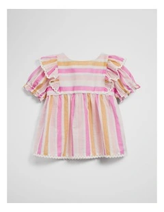 Short Sleeve Frill Print Top in Sunset Stripe