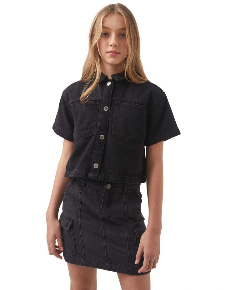 Cropped Boxy Denim Shirt in Black image 2