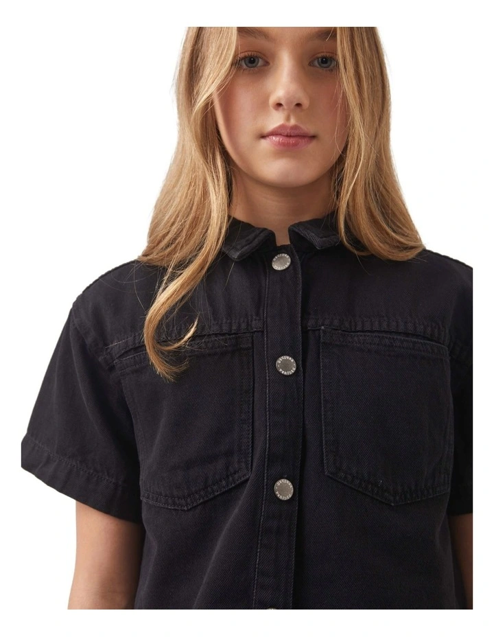 Cropped Boxy Denim Shirt in Black image 3