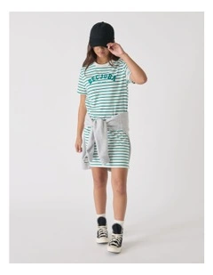 Rugby Tee Dress in Vanilla/Jewel Green
