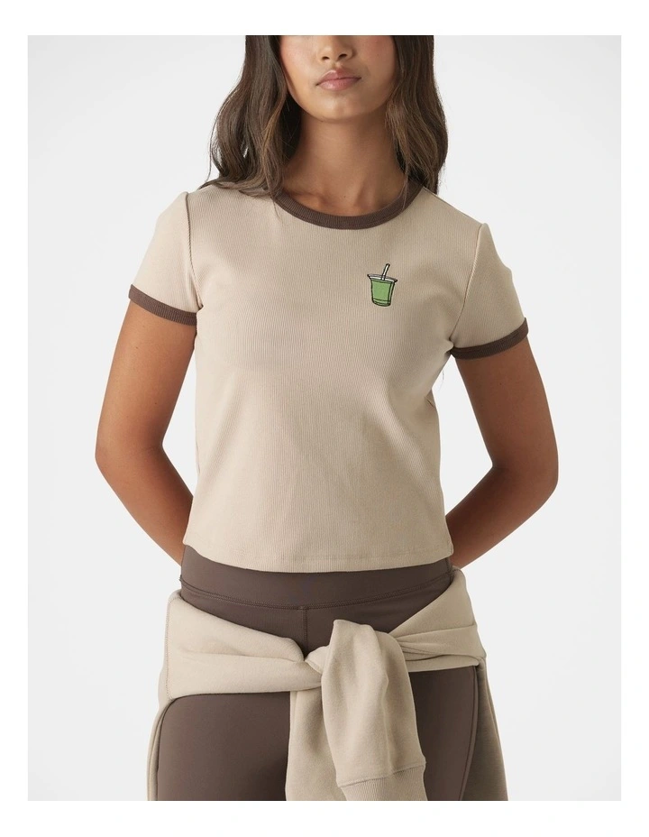 Cropped Ringer Tee in Beige image 3