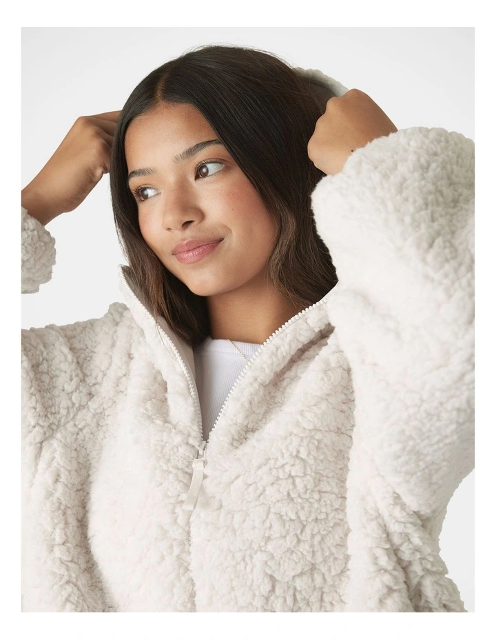 Teddy Zip Up Hoodie in Beige image 3