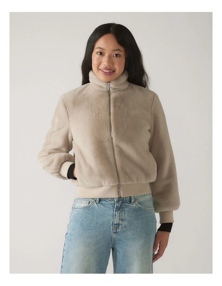 Faux Fur Zip Up Jacket in Mink image 3