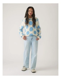 Fluffy Crew Knit Jumper in Blue Cream Spot