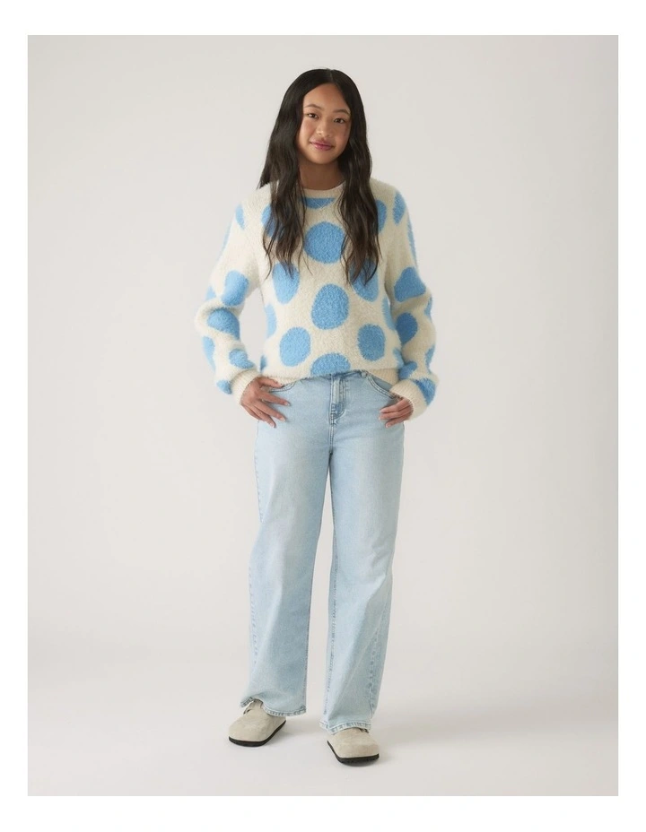 Fluffy Crew Knit Jumper in Blue Cream Spot image 1