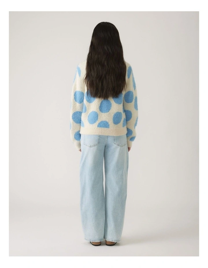 Fluffy Crew Knit Jumper in Blue Cream Spot image 2