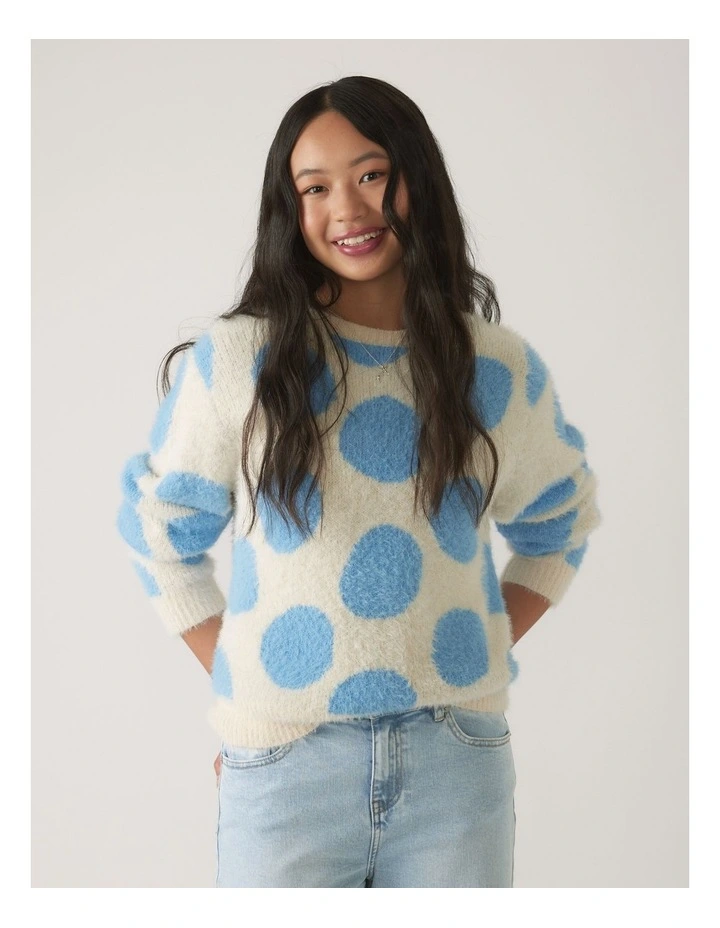 Fluffy Crew Knit Jumper in Blue Cream Spot image 3