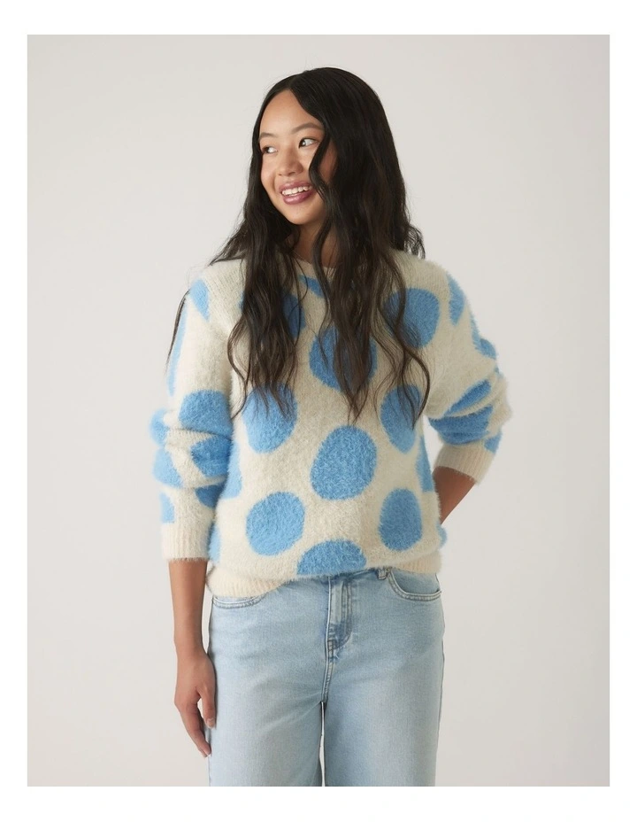 Fluffy Crew Knit Jumper in Blue Cream Spot image 4