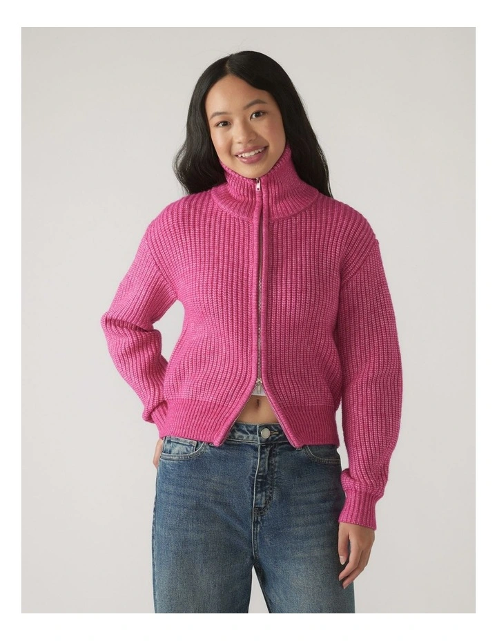 Lou Zip Through Knit Sweaters in Bright Pink image 3