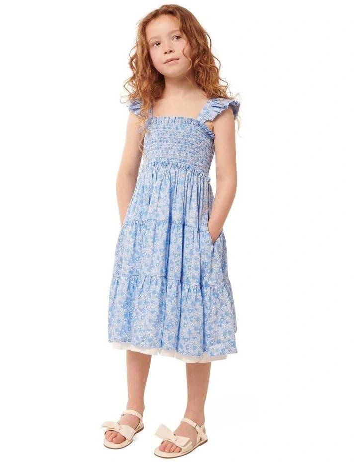 Amelia Shirred Frill Dress in Blue image 1