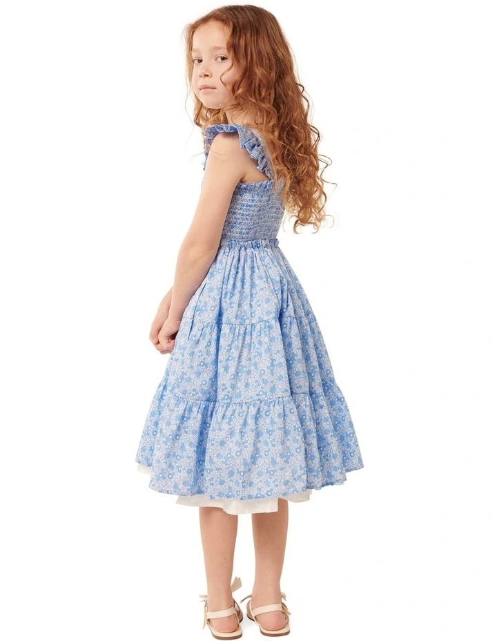 Amelia Shirred Frill Dress in Blue image 2
