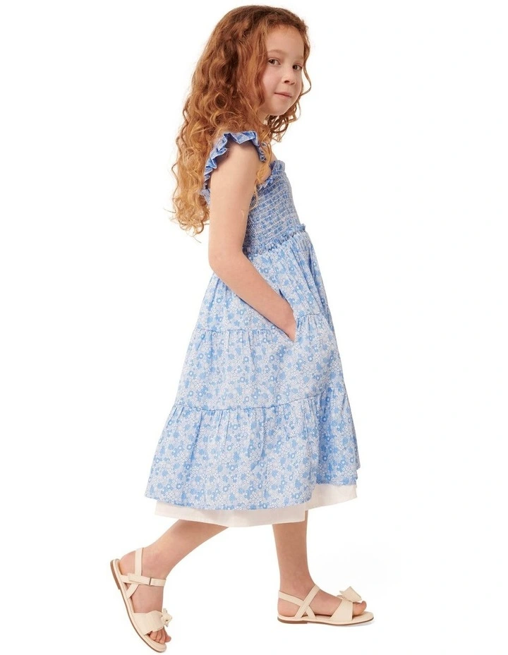 Amelia Shirred Frill Dress in Blue image 3