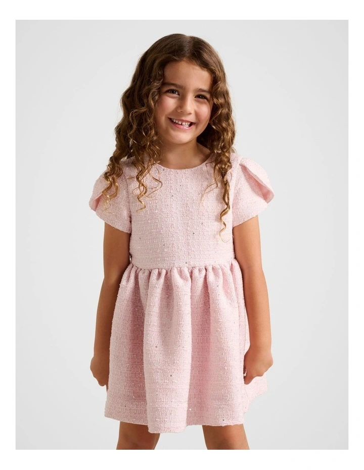 Lowri Girls Tulip Sleeves Tweed Dress in Pink image 1