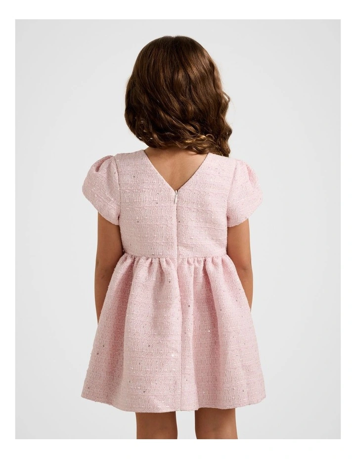 Lowri Girls Tulip Sleeves Tweed Dress in Pink image 2