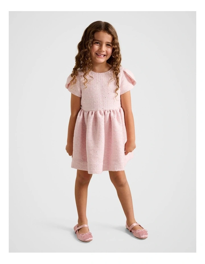 Lowri Girls Tulip Sleeves Tweed Dress in Pink image 5