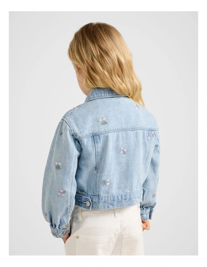 Kristen Girls Denim Embroidered Crop Jacket In Blue image 2
