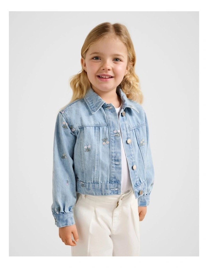Kristen Girls Denim Embroidered Crop Jacket In Blue image 3