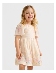 Olivia Girls Print Flutter Dress in Yellow