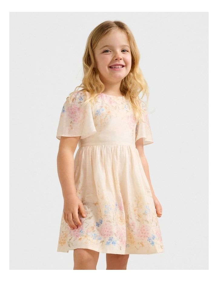 Olivia Girls Print Flutter Dress in Yellow image 1