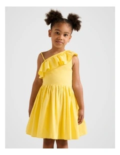 Sadie One-Shoulder Frill Girls Dress in Yellow