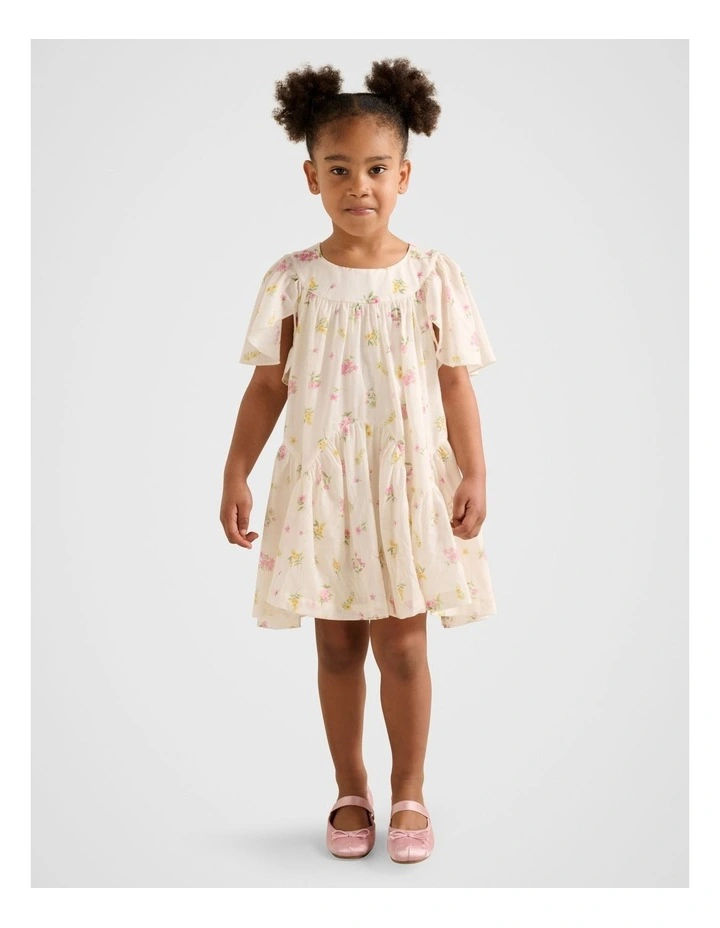 Dove Girls Curved Panel Flutter Sleeves Dress in Cream image 1