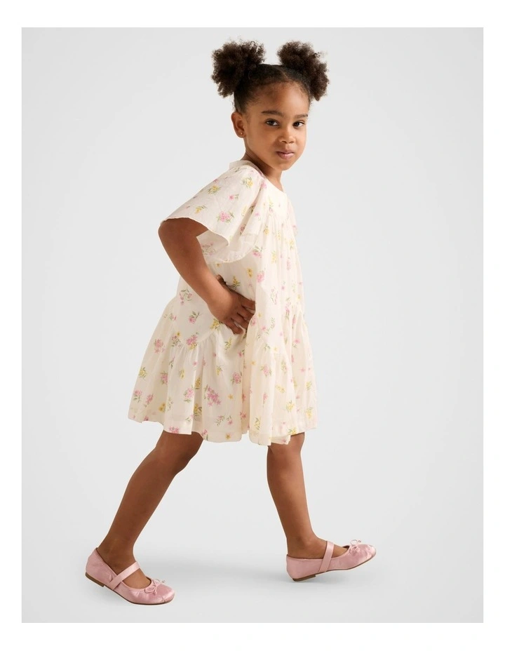 Dove Girls Curved Panel Flutter Sleeves Dress in Cream image 3