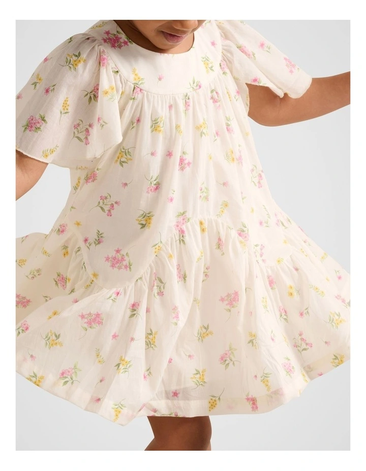 Dove Girls Curved Panel Flutter Sleeves Dress in Cream image 4