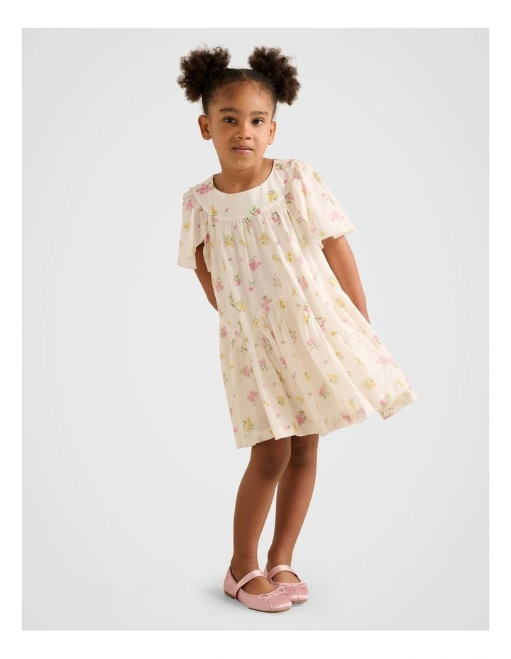 Dove Girls Curved Panel Flutter Sleeves Dress in Cream image 5