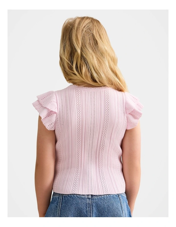 Danielle Girls Flutter Sleeves Knitted Top in Pink image 2