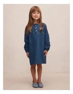 Hannah Girls Denim Long Sleeves Dress in Blue