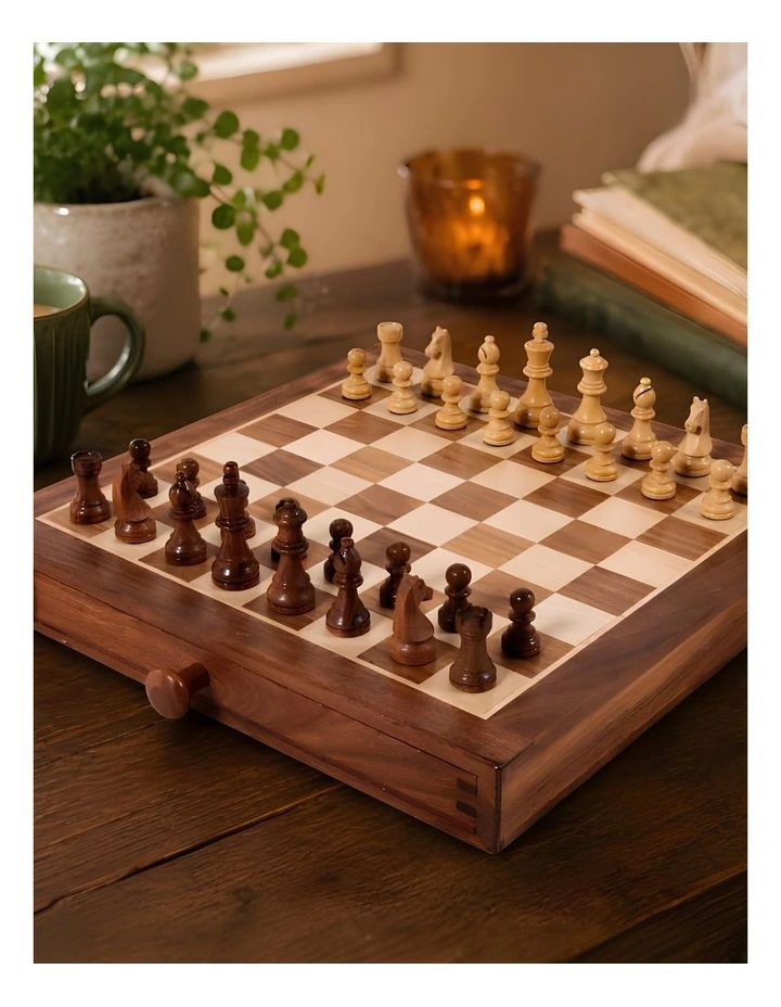 Portable Carved Sheesham Chess And Checker Board Set image 7