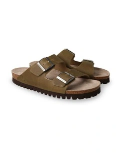 Hawaii Oiled Leather Slides in Khaki