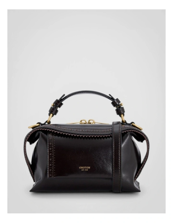 Mica Crackle Broguing Mini Bowler Crossbody Bag in Dark Chocolate image 1