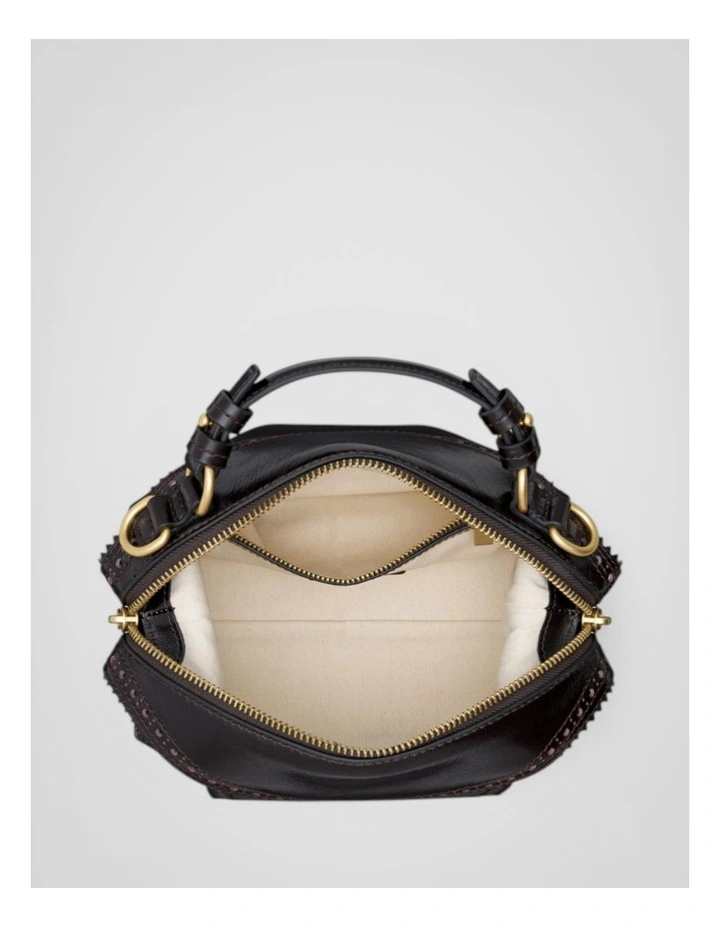 Mica Crackle Broguing Mini Bowler Crossbody Bag in Dark Chocolate image 3