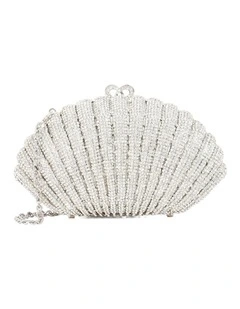 Embellished Shell Clutch In Silver