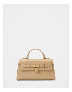 Liana Lock Detail Top Handle Bag in Beige