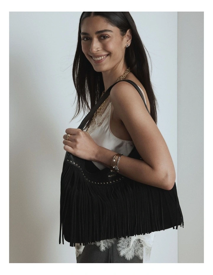 Rebel Fringe Hobo Bag in Black image 2