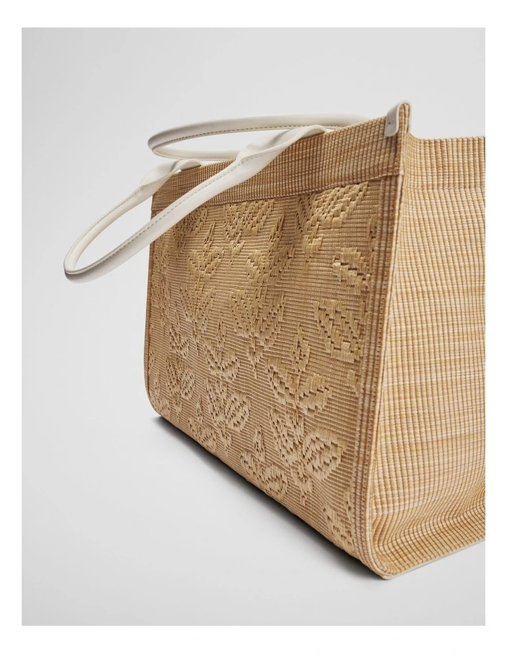 Embroidered Straw Tote in Natural image 3