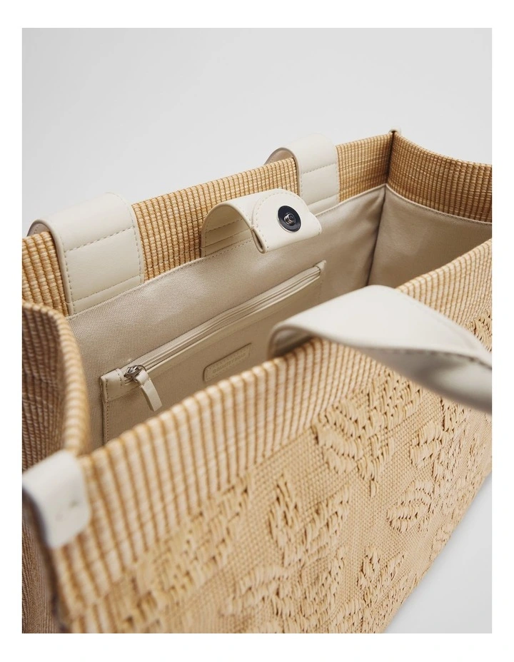 Embroidered Straw Tote in Natural image 4