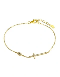 Gregio Simple Me Tiny Shiny Yg Bracelet With Large Cross And Evil Eye in Gold