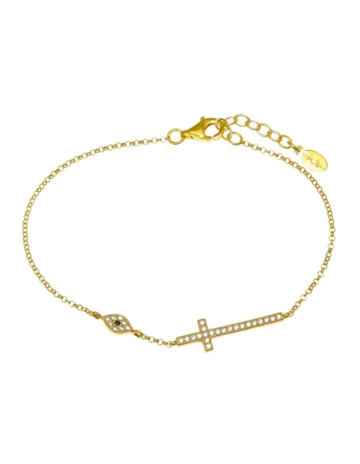 Gregio Simple Me Tiny Shiny Yg Bracelet With Large Cross And Evil Eye in Gold image 1