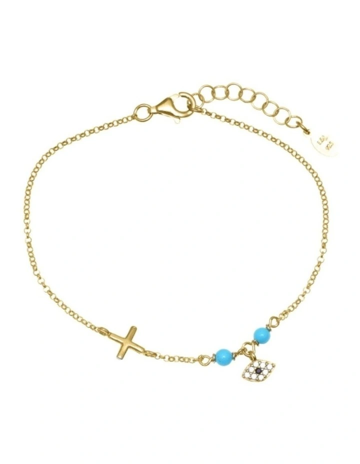 Gregio Simply Me Tiny Shiny Yg Bracelet With Cross Evil Eye And Turquoise Beads in Gold image 1
