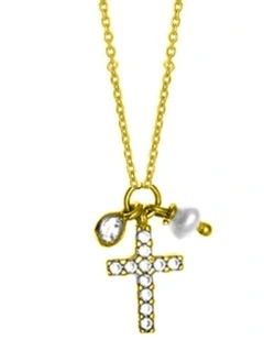 Mocha Gregio Simple Me/ Tiny Shiny Yg Necklace w/ Cz Cross and Pearl Charm