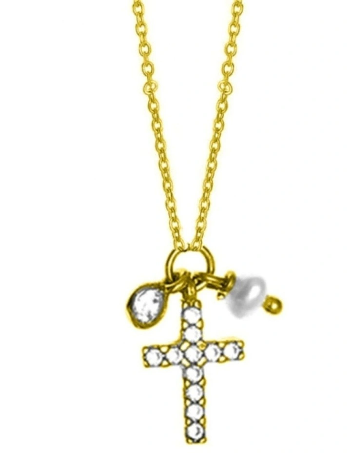 Mocha Gregio Simple Me/ Tiny Shiny Yg Necklace w/ Cz Cross and Pearl Charm image 1