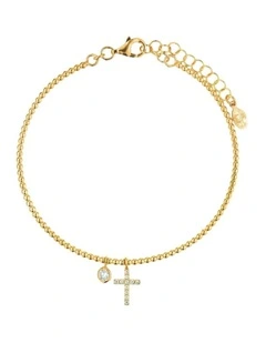 Gregio Simply Tiny Shiny Yg Beaded Bracelet With CZ Cross & CZ Charm in Gold